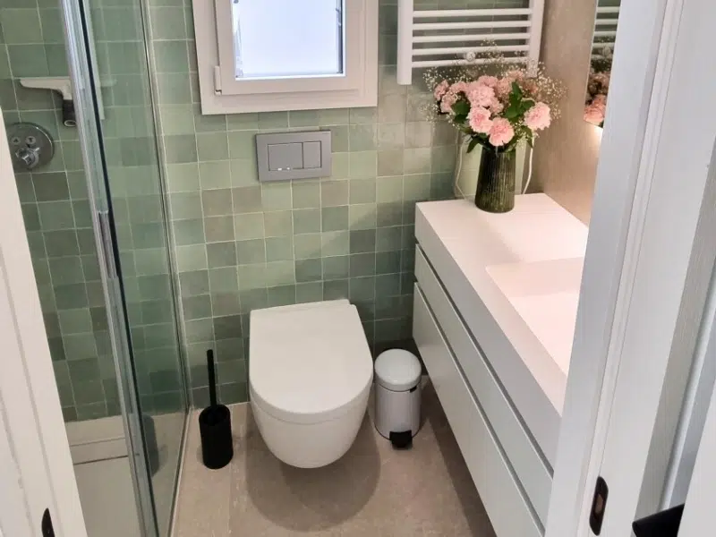 Chambre avec salle de bain plateau de douche et toilette